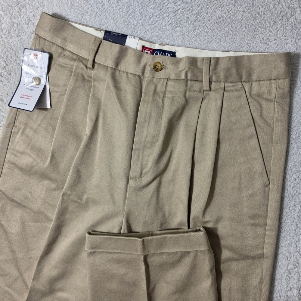 NEW Chaps Pants Mens 34/34 Tan Never Iron Double Pleated Cuffed Khaki Trousers